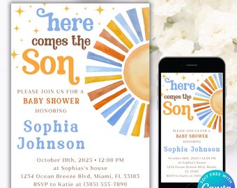 Peut inclure: Une invitation à une fête prénatale avec un motif de soleil aquarelle dans des tons de bleu, orange et jaune. Le texte indique "Here comes the Son" et comprend le nom Sophia Johnson, la date et l'heure de la fête, ainsi que le lieu. L'invitation comprend également un numéro de téléphone pour RSVP.