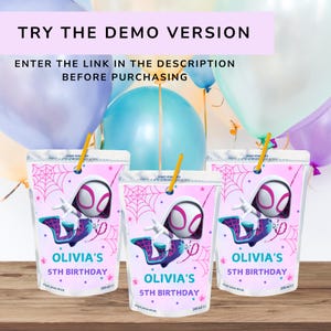May include: Three juice boxes with a pink and white design featuring a superhero character and the text "OLIVIA'S 5TH BIRTHDAY". Each box has a straw and contains 200 ml of juice. The image also includes the text "TRY THE DEMO VERSION" and "ENTER THE LINK IN THE DESCRIPTION BEFORE PURCHASING".