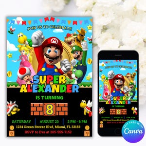 Convite editável do Mario Bros I Modelo de convite de aniversário do Mario I Convite do Mario Bros I Convite do Super Brothers Boy I Convite do Mario Kid