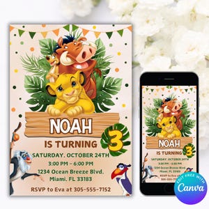 Modifiable l'invitation d'anniversaire du roi lion, invitation d'anniversaire du roi lion, l'invitation du roi lion, invitation safari, invitation à une fête de la jungle