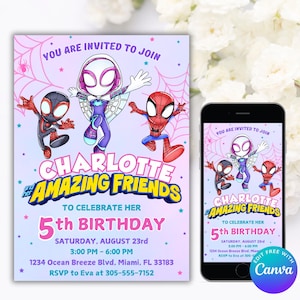 Convite de aniversário editável do Ghost Spider, convite de aniversário do Spidey, cartão de aniversário do Spidey, convite do Ghost Spider, convite para festa de aniversário da Gwen