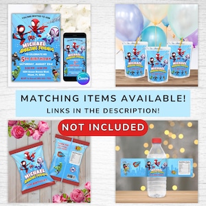 Puede incluir: Un conjunto de art&iacute;culos para fiestas con tem&aacute;tica de superh&eacute;roes. Incluye invitaciones, una maqueta de smartphone, vasos, bolsas de patatas fritas y una etiqueta para botella de agua. El texto dice "Michael Amazing Friends 5th Birthday".