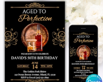 Editable Whiskey Birthday Invitation, 50th Birthday For Men Invitation , 30th 40th 50th 60th, Printable 50th Card, Whiskey Card 40th