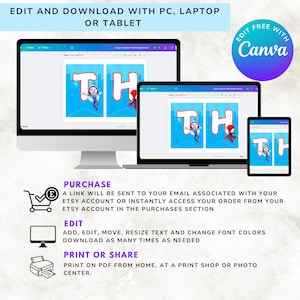 Puede incluir: Dise&ntilde;o de banner digital con las letras "T" y "H" con tem&aacute;tica de superh&eacute;roes, mostrado en una computadora, laptop y tableta. El dise&ntilde;o tiene un fondo de paisaje urbano azul. El texto incluye "Editar y descargar".