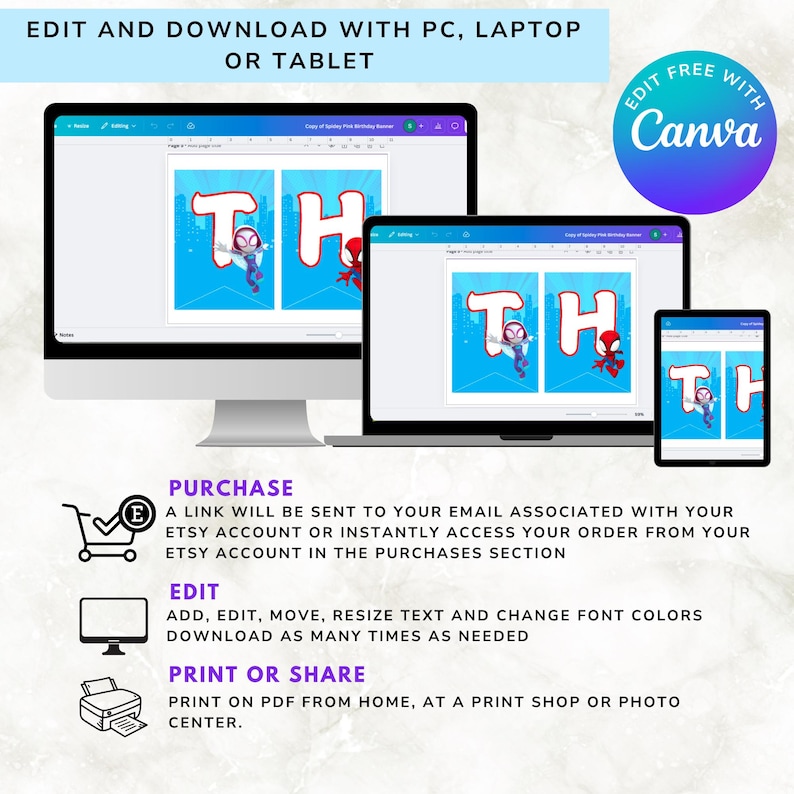 Puede incluir: Dise&ntilde;o de banner digital con las letras "T" y "H" con tem&aacute;tica de superh&eacute;roes, mostrado en una computadora, laptop y tableta. El dise&ntilde;o tiene un fondo de paisaje urbano azul. El texto incluye "Editar y descargar".