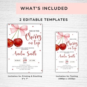 K&ouml;nnte beinhalten: Zwei druckbare Babyparty-Einladungsvorlagen mit einer Aquarell-Illustration von Kirschen mit einer rosa Schleife. Der Text "She is the Cherry on Top" ist auf beiden Einladungen zu sehen. Die gr&ouml;&szlig;ere Einladung ist 5 Zoll mal 7 Zoll gro&szlig; und die kleinere Einladung ist 1080 Pixel mal 1920 Pixel gro&szlig;.