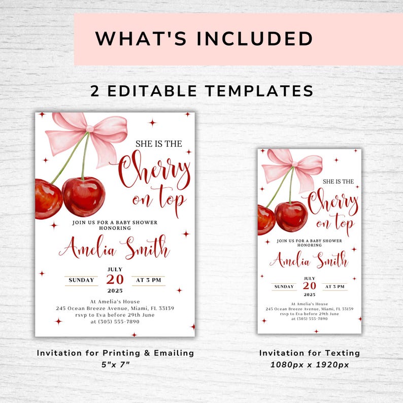 K&ouml;nnte beinhalten: Zwei druckbare Babyparty-Einladungsvorlagen mit einer Aquarell-Illustration von Kirschen mit einer rosa Schleife. Der Text "She is the Cherry on Top" ist auf beiden Einladungen zu sehen. Die gr&ouml;&szlig;ere Einladung ist 5 Zoll mal 7 Zoll gro&szlig; und die kleinere Einladung ist 1080 Pixel mal 1920 Pixel gro&szlig;.