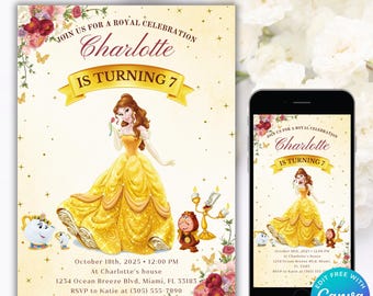 Editable Beauty And The Beast Birthday Invitation, Beauty And The Beast Birthday Invite, Belle Birthday Invites, Bella Party Invite
