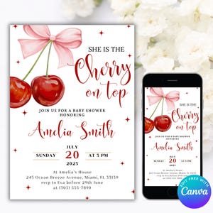 K&ouml;nnte beinhalten: Eine Babyparty-Einladung mit einem Kirsch-Design. Die Einladung ist rosa und rot mit wei&szlig;em Text. Der Text lautet "Sie ist die Kirsche auf dem Kuchen" und "Feiern Sie mit uns eine Babyparty zu Ehren von Amelia Smith". Datum und Uhrzeit der Party sind mit "Sonntag, 20. Juli 2025 um 15:00 Uhr" angegeben. Der Ort ist mit "Bei Amelia, 245 Ocean Breeze Avenue, Miami, FL 33139" angegeben. Die RSVP-Informationen sind mit "RSVP an Eva vor dem 29. Juni unter (305) 555-7890" angegeben.