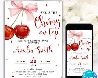Editable Cherry Baby Shower Invitation, Cherry On Top Invite, Cherries Baby Shower, Coquette Pink Bow Berries, Baby Girl Babyshower Invite