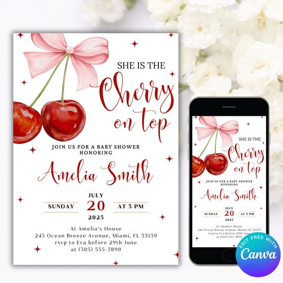 Editable Cherry Baby Shower Invitation, Cherry On Top Invite, Cherries Baby Shower, Coquette Pink Bow Berries, Baby Girl Babyshower Invite