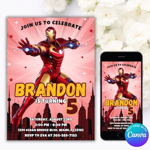 Convite de aniversário editável do Homem de Ferro, convite do Homem de Ferro, convite para festa do Homem de Ferro, convite para festa de super-heróis, download digital do Homem de Ferro
