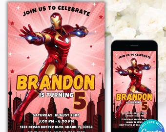 Invito di compleanno modificabile a tema Iron Man, invito a tema Iron Man, invito per festa a tema Iron Man, invito per festa a tema supereroi, download digitale di Iron Man
