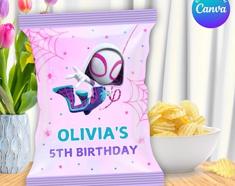 Bearbeitbare Spidey-Chip-Tasche, Spidey-Themenparty, Spidey-Partygeschenke, Mädchen-Spidey-Party, Spidey-Mädchen-Geburtstag, Spinnen-Gwen-Partygeschenke