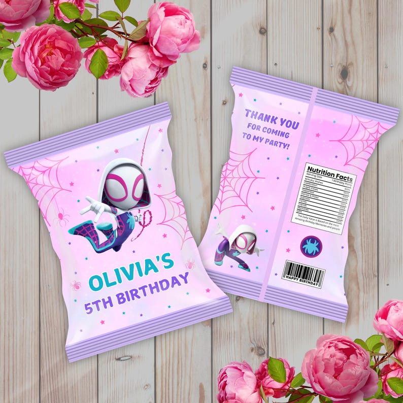 May include: Two pink party favor bags with a Spider-Gwen design. One bag features the text "OLIVIA'S 5TH BIRTHDAY". The other bag has the text "THANK YOU FOR COMING TO MY PARTY!" and a nutrition facts label. Pink flowers surround the bags.