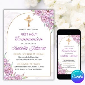 Modelo de convite editável para a primeira comunhão, cartão de convite para comunhão, convite moderno para comunhão, convites para comunhão de meninas