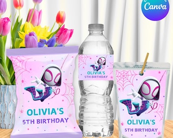 Editable Spider Gwen Party Favors, Spidey Theme Party, Spidey Party Favors, Girl Spidey Party, Spidey Girl Birthday, Spidey Chip Bag