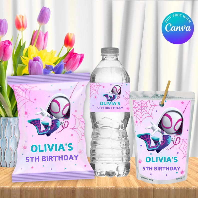 May include: A party set featuring a pink and purple theme with a superhero design. Includes a chip bag, water bottle, and juice box, all labeled "Olivia's 5th Birthday." The set is decorated with spiderwebs and a cartoon character.