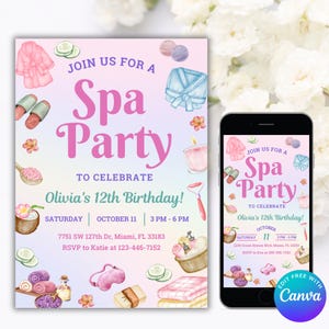 Soirée d'invitation modifiable au spa, invitation à une soirée pyjama au spa, invitation d'anniversaire de filles au spa, invitation d'anniversaire, fête d'anniversaire glamour