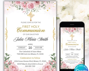 Editable First Holy Communion Invitation Template, Communion Invitation Card, Modern Communion Invitation, Girl Communion Invitations
