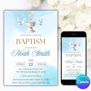 Faire-part de baptême modifiable, téléphone d'invitation de baptême pour garçon, inviter les garçons au baptême, faire-part de baptême pour garçon en téléchargement numérique, inviter au baptême bleu