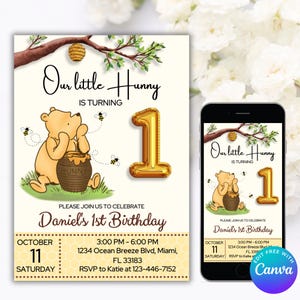 Invitación de cumpleaños editable de Winnie the Pooh, invitación de Winnie Pooh, invitación para el primer cumpleaños de niños y niñas, tarjeta para el primer cumpleaños de Winnie the Pooh