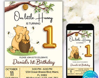 Editable Winnie the Pooh Birthday Invitation, Winnie Pooh Invite, Boys Girls First Birthday Invitation, Winnie The Pooh First Birthday Card