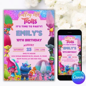 Convite de aniversário editável dos Trolls I Trolls Craziest Party I Trolls Party Invite I Girl Birthday I Poppy Invite I Printable Trolls Invite