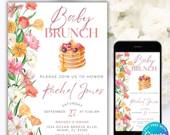 Peut inclure: Une invitation de fête prénatale florale avec un thème rose et blanc. L'invitation présente une pile de crêpes avec des baies et un filet de sirop. Le texte sur l'invitation indique "Baby Brunch" et comprend le nom "Rachel Jones", la date "27 septembre" et l'heure "11h00".