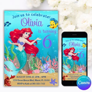 Editable Little Mermaid Birthday Invitation, Ariel Party Invite, little Mermaid Digital Invitation, Ariel Birthday Invitation Digital