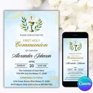 Modèle modifiable d'invitation à la première communion, carte d'invitation à la communion, invitation à la communion moderne, invitation à la communion aquarelle garçon bleu