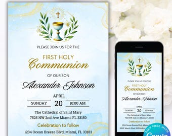 Editable First Holy Communion Invitation Template, Communion Invite Card, Modern Communion Invitation, Boy Blue Watercolor Communion Invite