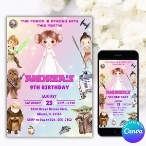 May include: A pink and blue Star Wars themed birthday invitation for a 9th birthday party. The invitation features a cartoon image of Princess Leia, Chewbacca, R2-D2, Yoda, and other Star Wars characters. The text on the invitation reads "The force is strong with this party!" and "Andrea's 9th Birthday". The invitation also includes the date, time, and location of the party.