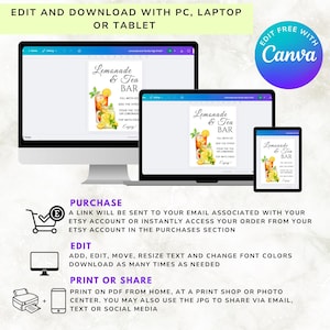 May include: Digital download featuring a "Lemonade & Tea Bar" sign, displayed on a computer, laptop, and tablet. Instructions and a graphic of a refreshing drink are included. Text reads "Edit and Download with PC, Laptop or Tablet."