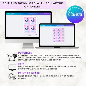 May include: A computer monitor and laptop display a pink and purple birthday party theme. The text on the labels reads "Olivia's 5th Birthday." The image also includes the Canva logo and instructions for editing and downloading.