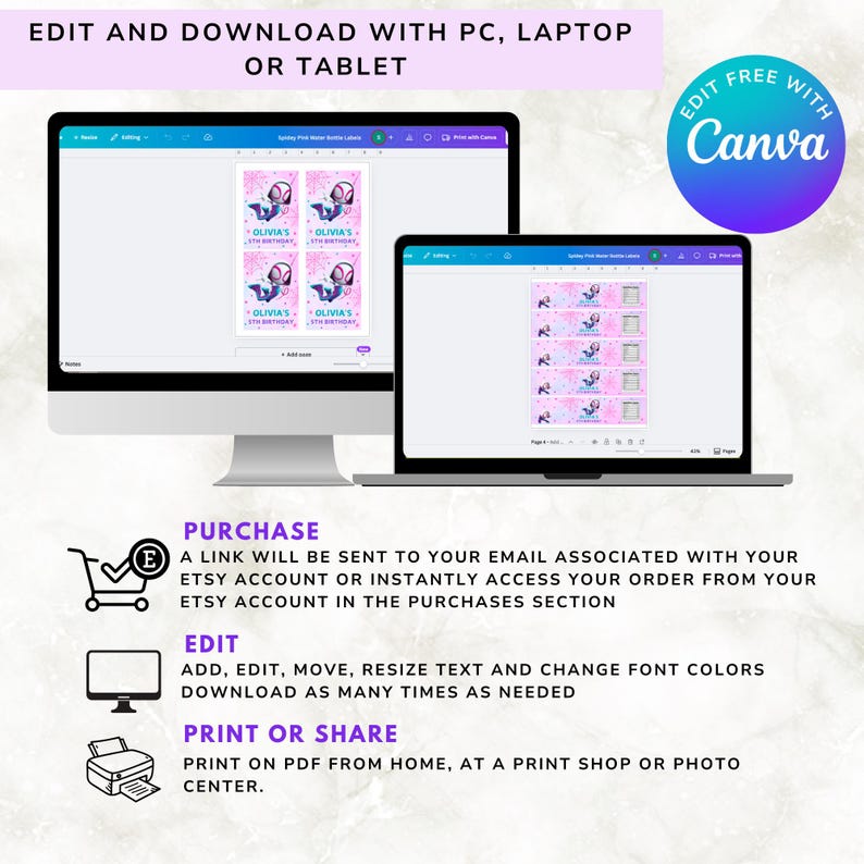 May include: A computer monitor and laptop display a pink and purple birthday party theme. The text on the labels reads "Olivia's 5th Birthday." The image also includes the Canva logo and instructions for editing and downloading.