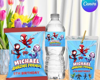 Editable Spidey Party Favors, Spidey Theme Party , Spidey Kids Party, Spidey Chip Bag, Spidey And His Party, Spidey Birthday Boy And Girl