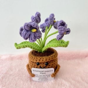 Handmade Crocheted Purple Flower In Pot, Warm Home Decor,  Emotional Support Gift