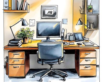 Office Clipart Set – 20 Hand-Drawn Watercolor Workspace Decor Illustrations, Vintage Clip-art for Wall Prints, Journals & Crafts - 10031