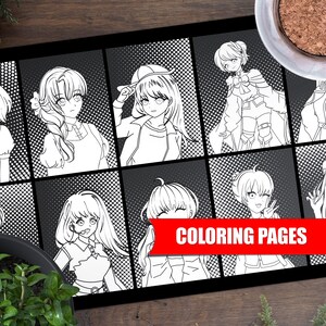 Puede incluir: P&aacute;ginas para colorear en blanco y negro con personajes de anime con diferentes peinados y atuendos. El texto "COLORING PAGES" est&aacute; impreso en la parte inferior de la p&aacute;gina.