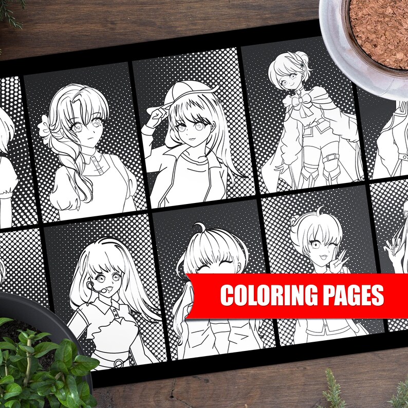 Puede incluir: P&aacute;ginas para colorear en blanco y negro con personajes de anime con diferentes peinados y atuendos. El texto "COLORING PAGES" est&aacute; impreso en la parte inferior de la p&aacute;gina.