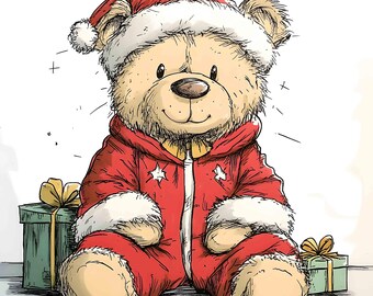 Set de imágenes prediseñadas de ositos de peluche navideños, paquete de 20 adorables ositos navideños dibujados a mano, descarga digital, compatible con Procreate - 10025