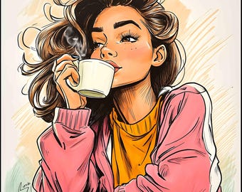 Girl Drinking Coffee Clipart Pack, 20 Hand-Drawn Cozy Girl Clipart Set, Digital Fashion Girl Cliparts, Digital Download, Procreate  - 10024
