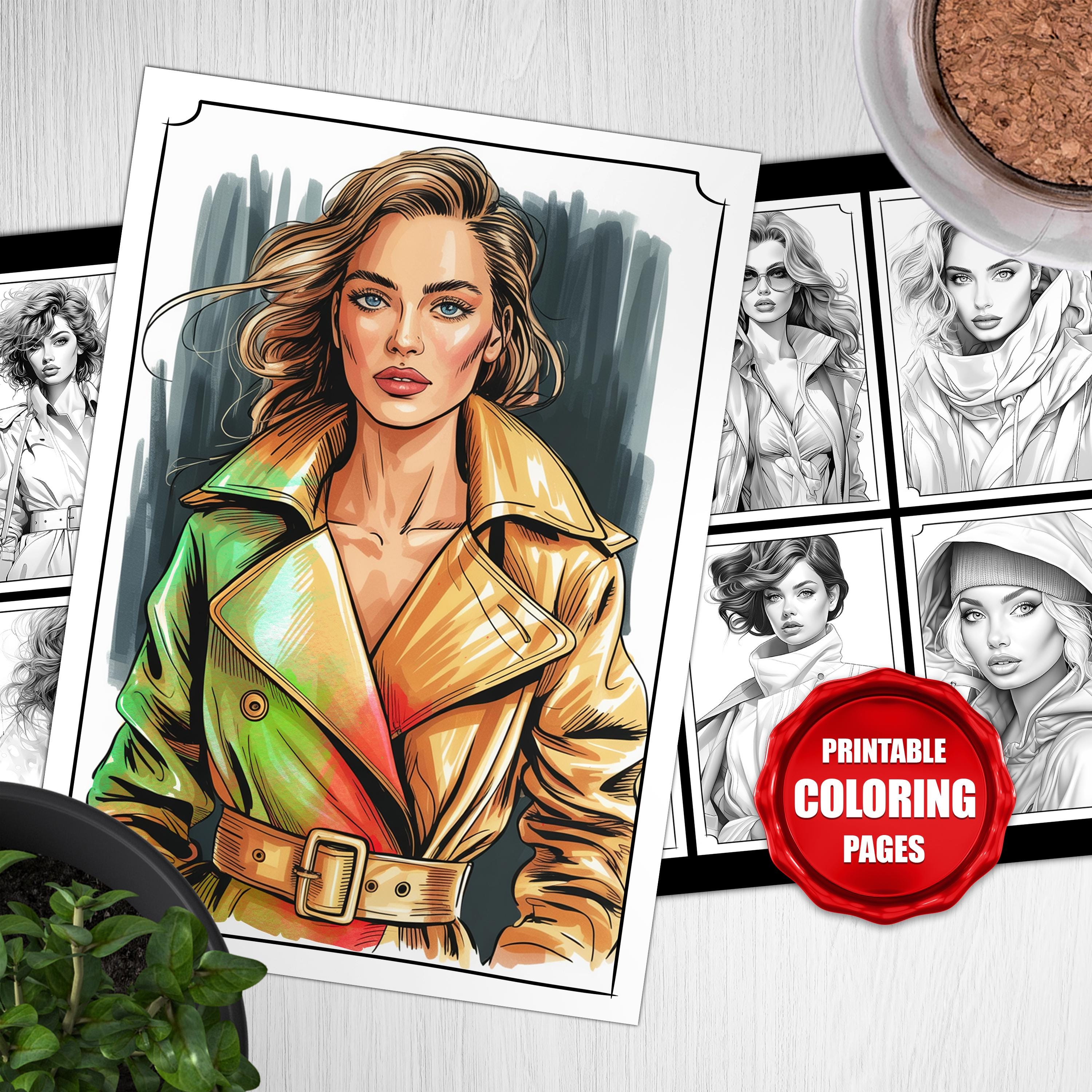 Coleção de páginas para colorir de moda – Mulheres chiques com casacos e chapéus | Line art para adultos | Folhas A4 para imprimir | Download digital instantâneo