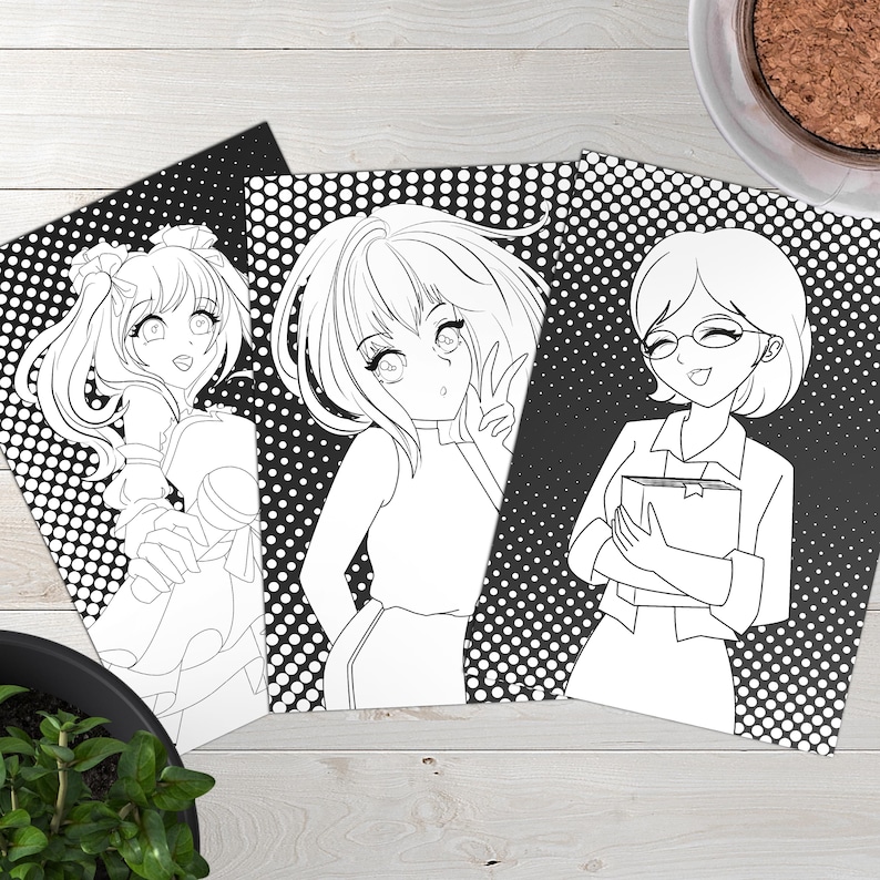 Puede incluir: Tres p&aacute;ginas para colorear en blanco y negro con personajes de anime. El primer personaje es una chica con el pelo largo y un micr&oacute;fono. El segundo personaje es una chica con el pelo largo y un signo de paz. El tercer personaje es una chica con el pelo corto y un libro.