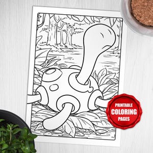 Puede incluir: Dibujo lineal en blanco y negro de una criatura de dibujos animados en un entorno forestal, rodeada de follaje. La criatura tiene un cuerpo bulboso con rasgos circulares y un cuello largo. Incluye un sello rojo que dice "Páginas para colorear imprimibles".