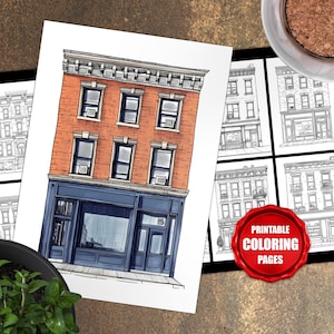 Páginas para colorear de fachadas clásicas de Nueva York, libro para colorear de edificios urbanos, libro para colorear imprimible, descarga digital instantánea 00018