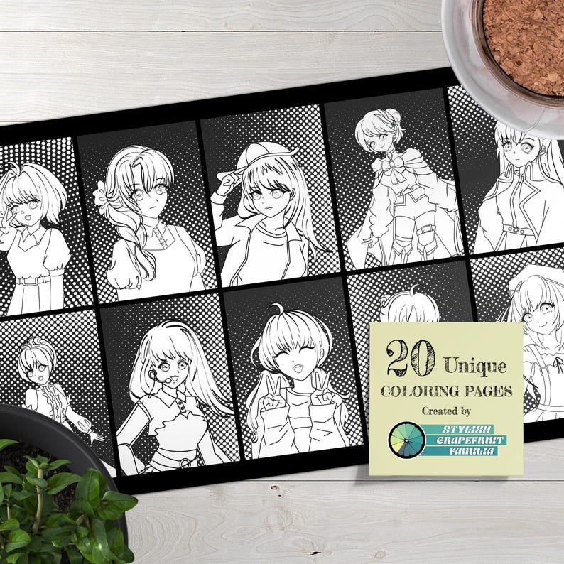 Puede incluir: Un libro para colorear en blanco y negro con 20 p&aacute;ginas &uacute;nicas con personajes de estilo anime. La portada presenta un c&iacute;rculo colorido con el texto "Stylish Grapefruit Fanatika" y "20 p&aacute;ginas para colorear &uacute;nicas".