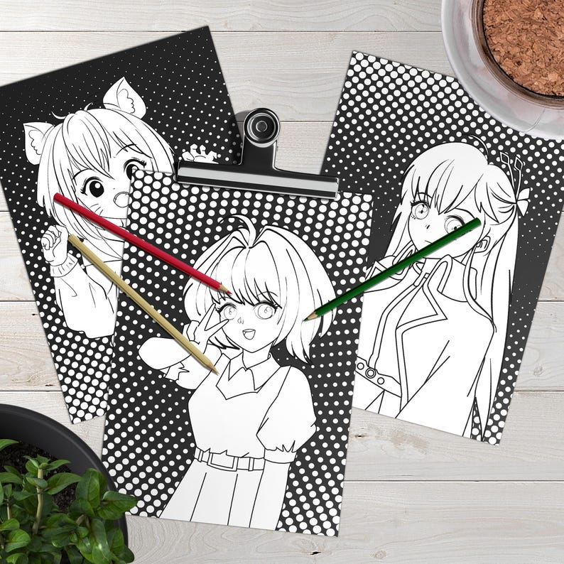 Puede incluir: Tres p&aacute;ginas para colorear en blanco y negro con personajes de anime. Los personajes son una chica con orejas de gato, una chica con un signo de paz y una chica con un abrigo largo.