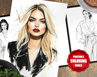 Páginas para colorear de moda, conjunto de 5 ilustraciones de moda para imprimir, libro para colorear para adultos y niños, descarga digital instantánea 00015